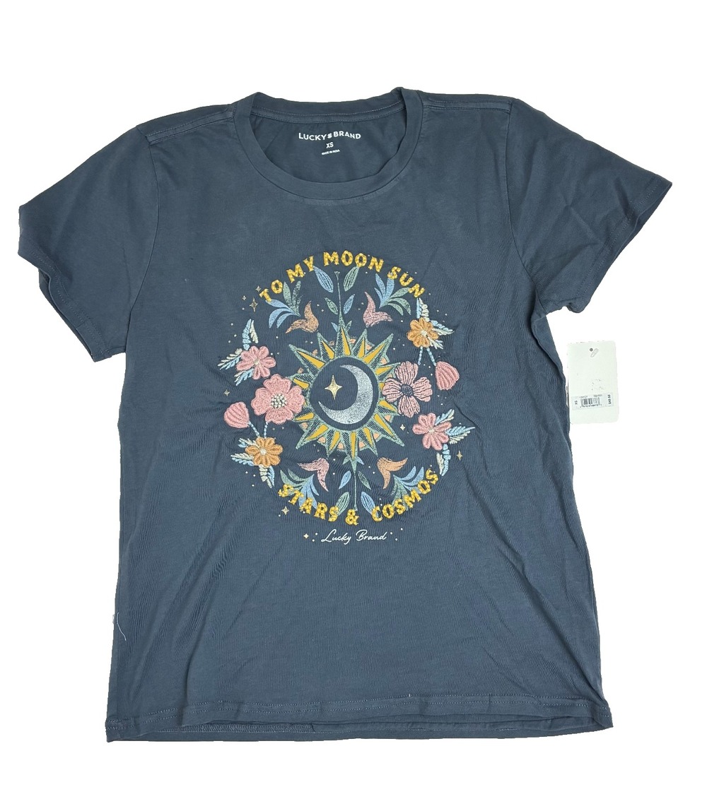 LUCKY BRAND Women's T-Shirt XS Black Embroidered Moon Floral Graphic Stars NWT